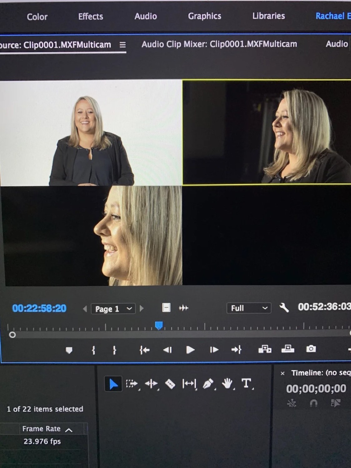 A Premiere Pro multicam source monitor showing three angles of an interview, with timecode and a 23.976 fps frame rate visible.